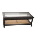 Corso Coffee Table - Clear Glass with Black Wood and Rattan Shelf
