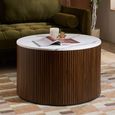 Russo Coffee Table - Fluted Base - Round - White and Walnut - Marble Top and Wooden