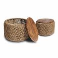 Set of 2 Natural Mindi Wood Coffee Tables Round Weaved Base thumbnail 2