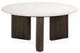 Mayfield White Marble Top Round Coffee Table - Dark Wood Fluted Base
