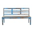 Unique One of a Kind - Distressed Bench - Slatted Backrest - Blue - Wooden