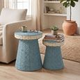 Side Table - Round - Set of 2 - Woven Design - Light Blue and White