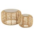 Africa Accent Table - Round - Set of 2 - Glass Top - Natural Rattan - Bamboo Wood