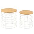 Carving Side Table - Round - Set of 2 - Natural and White - Pine Wood and Metal