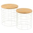 Carving Side Table - Round - Set of 2 - Natural and White - Pine Wood and Metal