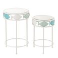 Fish Side Table - Round - Set of 2 - Light Blue and White - Glass and Metal