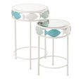 Fish Side Table - Round - Set of 2 - Light Blue and White - Glass and Metal