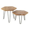 Side Table - Hexagon - Set of 2 - Hairpin Leg - Natural - Teak Wood and Metal