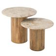 Side Table - Round - Set of 2 - Beige and Brown - Marble and Wood