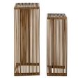 Cubic Side Table - 2 Tier - Slatted - Tall - Natural - Recycle Teak Wood