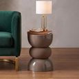 Shiny Curved Side Table - Round - Sculptural Drum Base - Brown - Metal