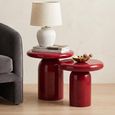 Side Table - Set of 2 - Round - Cylindrical Pedestal Base - High Gloss Red Lacquered - Metal
