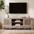 Lirax Distressed White Washed Carved Teak Wood 190cm 2 Door Medium TV Unit