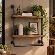 Black Metal Pipe Wall Shelf with 2 Wooden Shelves thumbnail