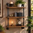 Black Metal Pipe Wall Shelf with 3 Wooden Shelves thumbnail