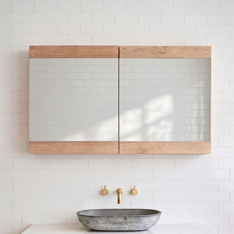 Pompei Mirrored Bathroom Wall Mounted Cabinet - 2 Door - Natural - Pine Wood