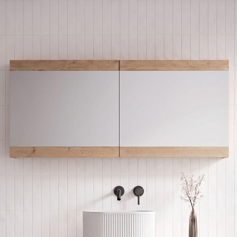 Pompei Mirrored Bathroom Wall Mounted Cabinet - Wide - 2 Door - Natural - Pine Wood