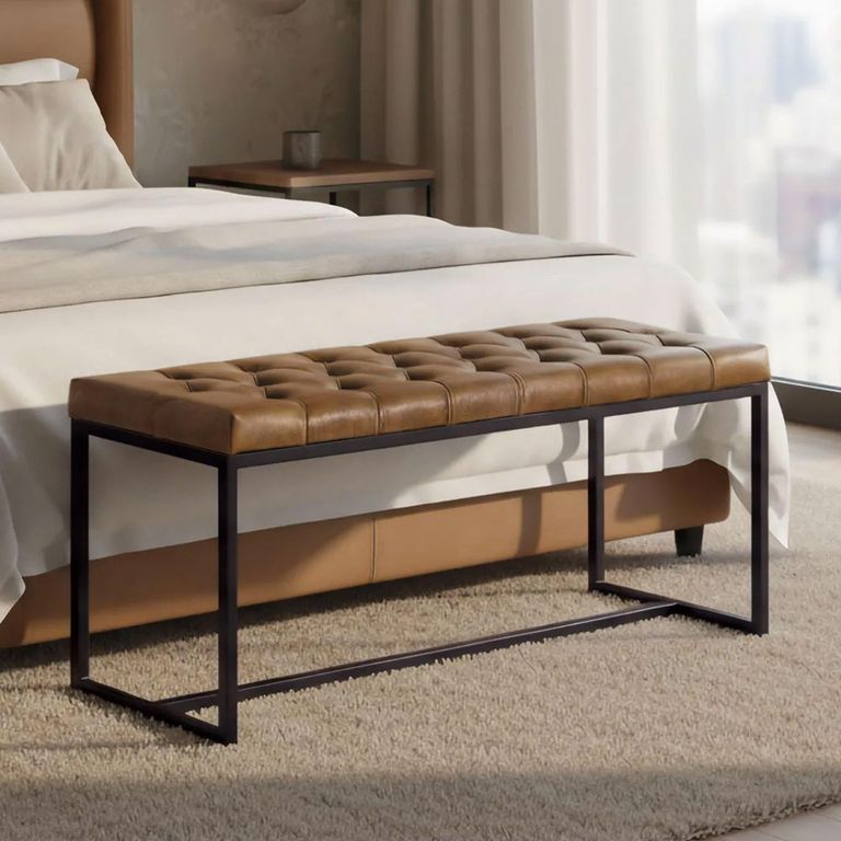 Tulan Brown Button Tufted Leather Bedroom Bench
