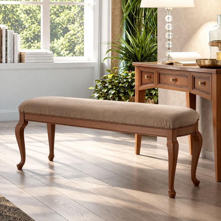 Giotto Italian Walnut Wood and Miraglio Fabric Padded Bench