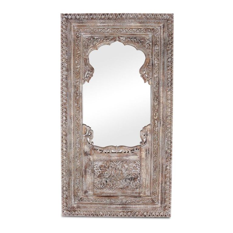 Carlos Distressed Carved Leaner Mirror - Ornate Design - Whitewashed - Teak Wood - 105cm x 198cm