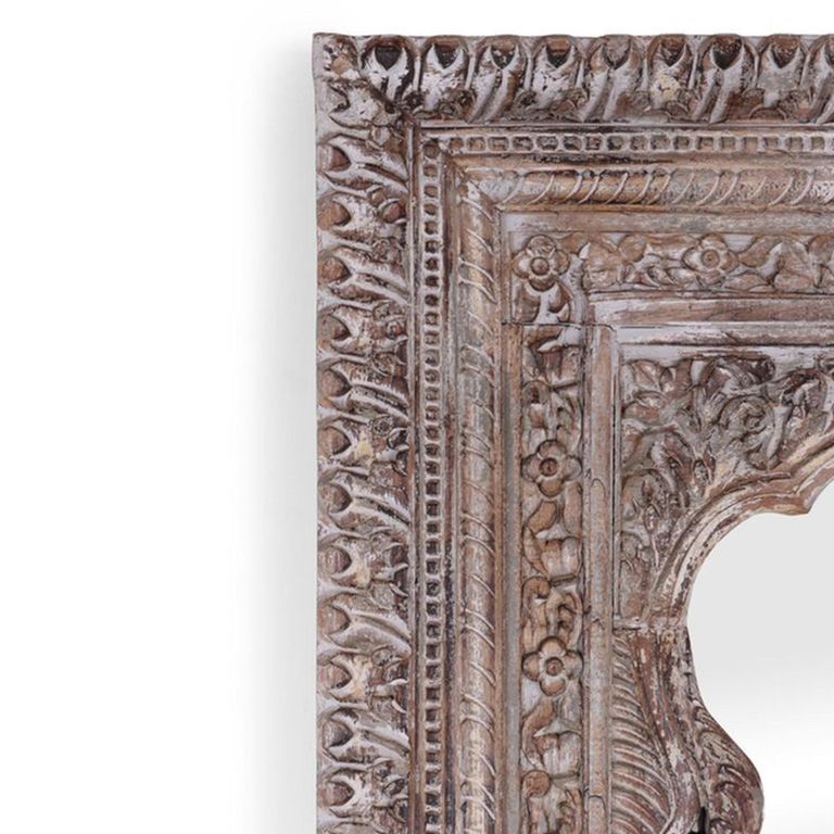 Carlos Distressed Carved Leaner Mirror - Ornate Design - Whitewashed - Teak Wood - 105cm x 198cm
