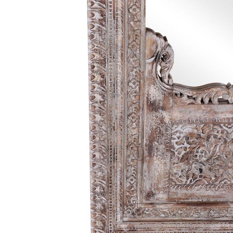 Carlos Distressed Carved Leaner Mirror - Ornate Design - Whitewashed - Teak Wood - 105cm x 198cm