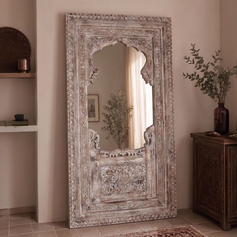 Carlos Distressed Carved Leaner Mirror - Ornate Design - Whitewashed - Teak Wood - 105cm x 198cm