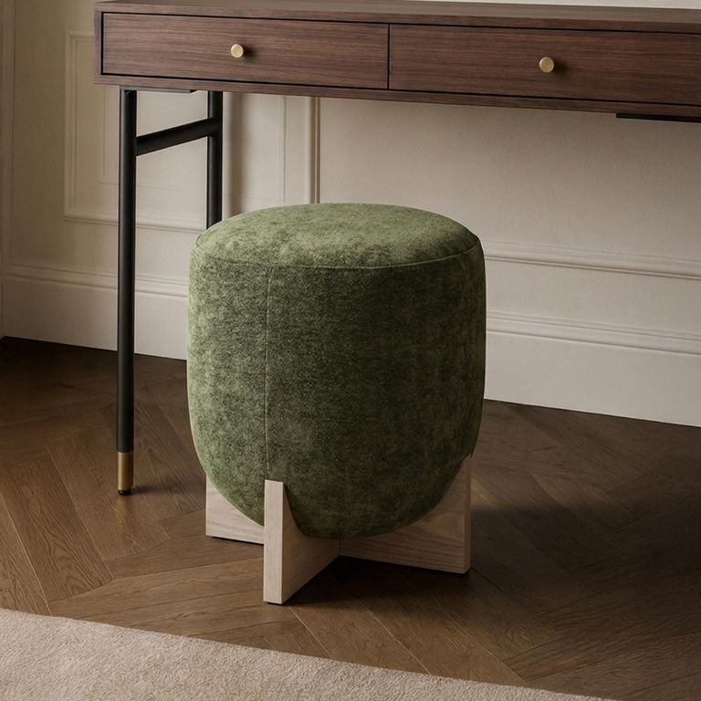 Whisper Stool - Round - Olive Green and White Washed Oak - Fabric and Wood