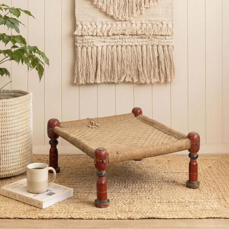 Distressed Stool - Square - Handwoven Rope - Turned Legs - Sand - Wooden