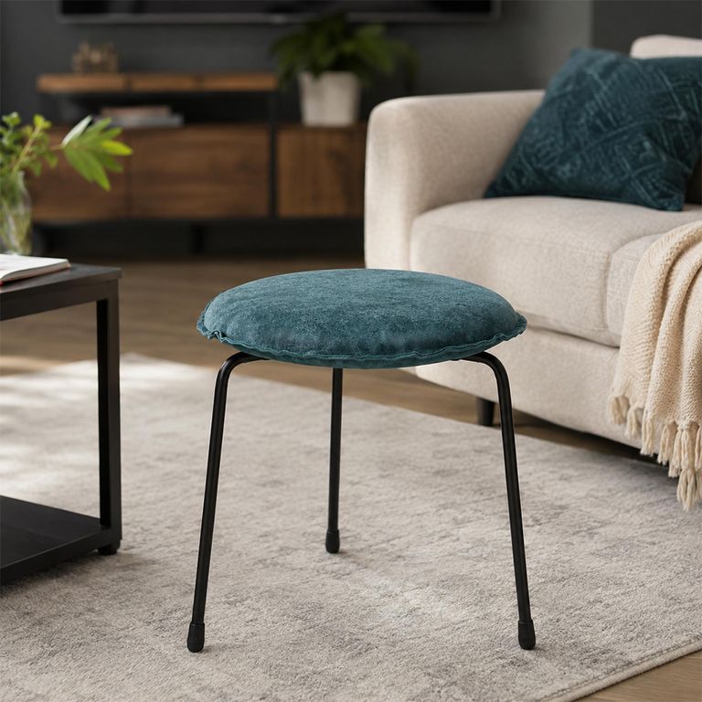 Florida Footstool - Round - Turquoise Blue Velvet and Black - Fabric and Metal