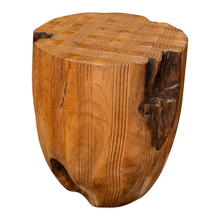 Carved Stool - Round - Live Edge - Brown - Wooden