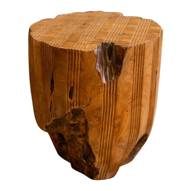 Carved Stool - Round - Live Edge - Brown - Wooden