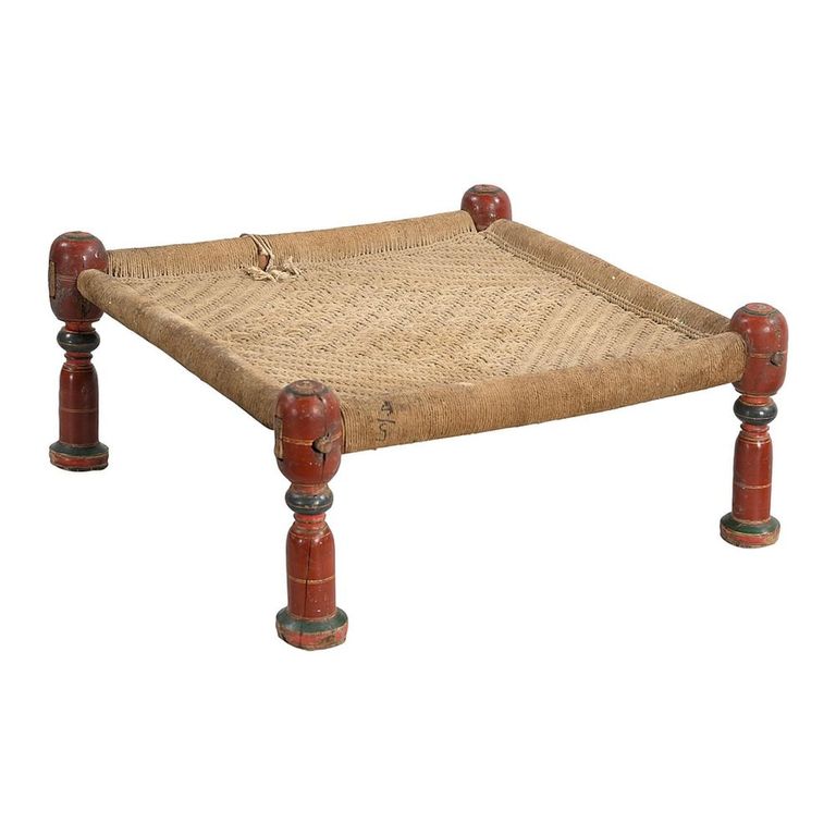 Distressed Stool - Square - Handwoven Rope - Turned Legs - Sand - Wooden