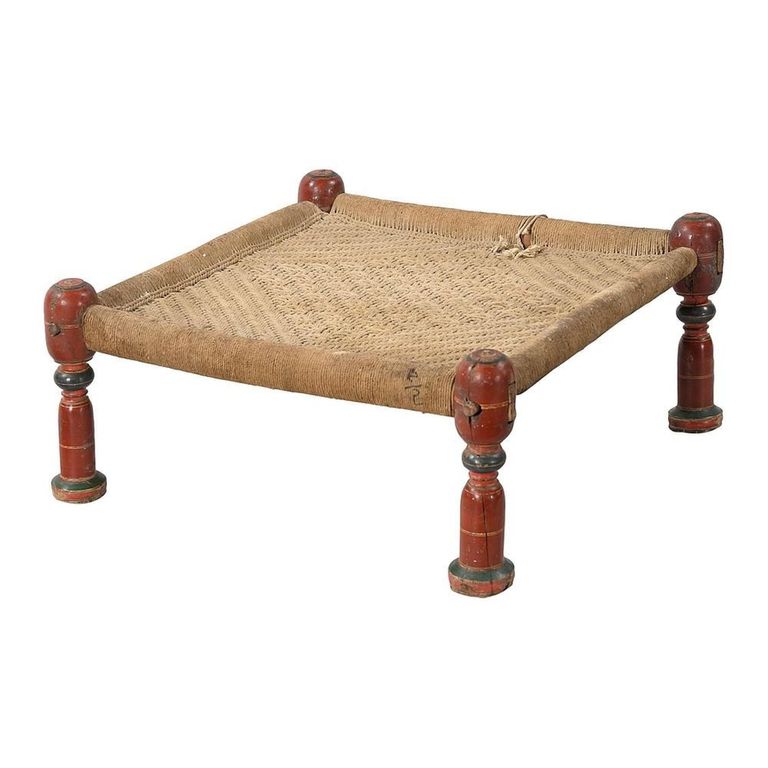 Distressed Stool - Square - Handwoven Rope - Turned Legs - Sand - Wooden