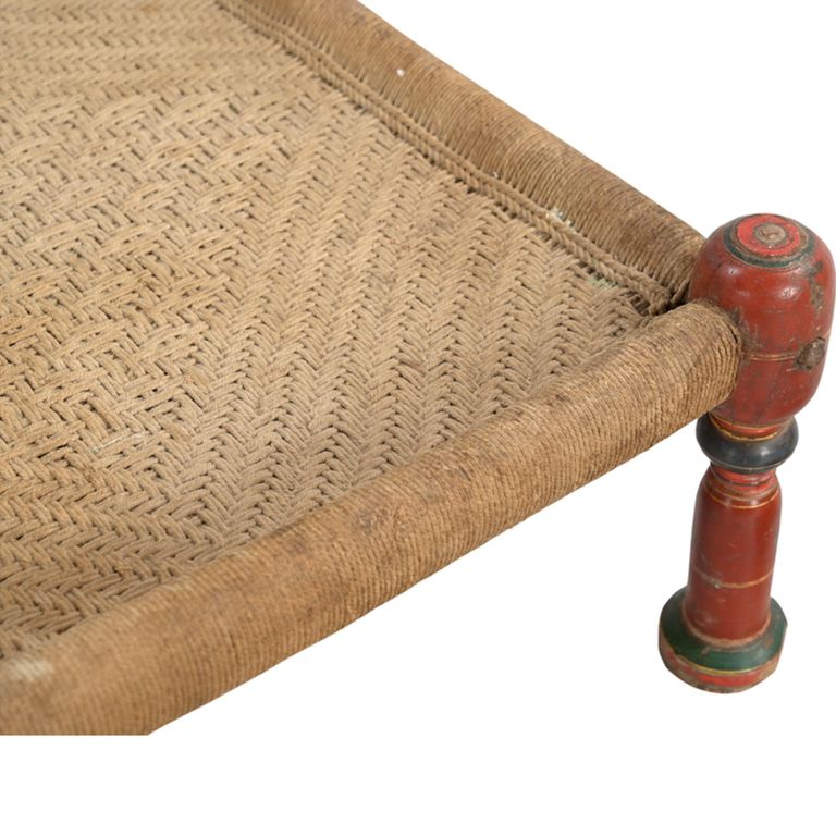 Distressed Stool - Square - Handwoven Rope - Turned Legs - Sand - Wooden