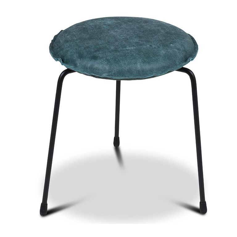 Florida Footstool - Round - Turquoise Blue Velvet and Black - Fabric and Metal