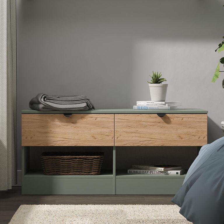 Bora Bed Box - 2 Drawer - Open Shelf - Gold Craft Oak and Reed Green