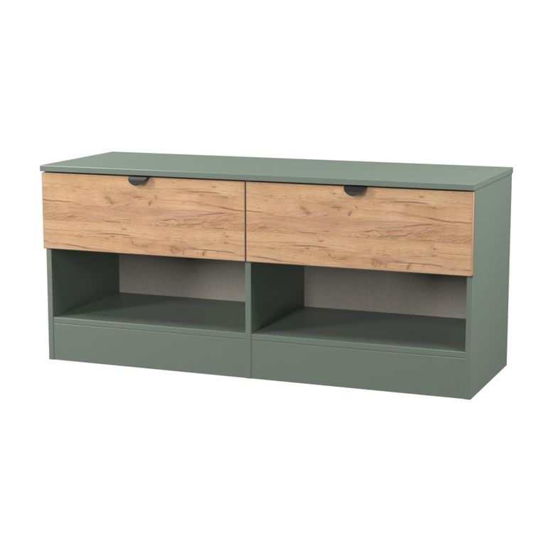 Bora Bed Box - 2 Drawer - Open Shelf - Gold Craft Oak and Reed Green