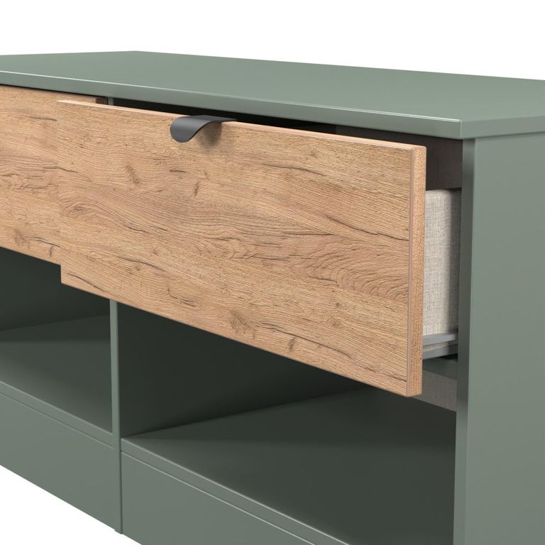 Bora Bed Box - 2 Drawer - Open Shelf - Gold Craft Oak and Reed Green