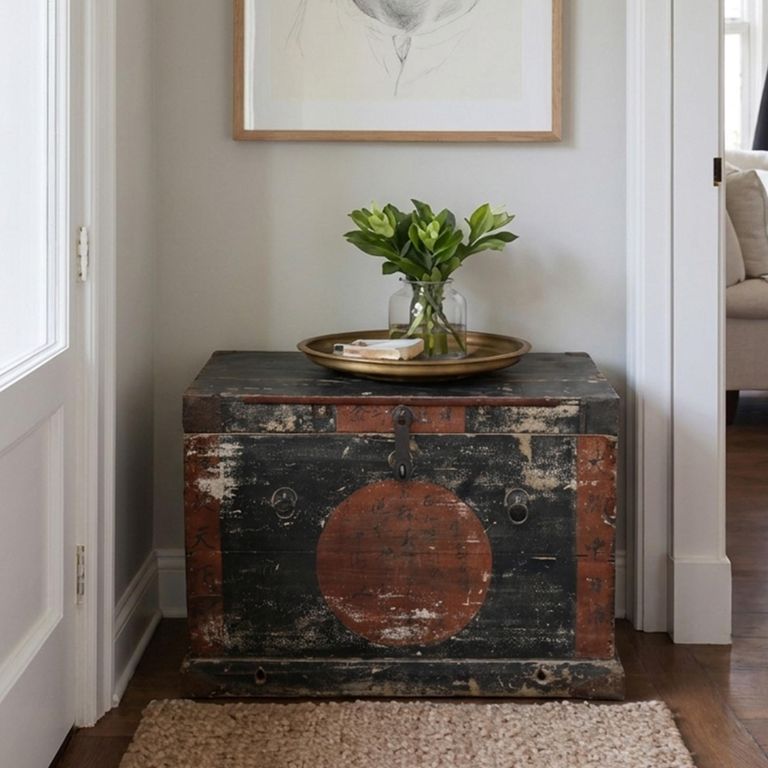 Distressed Hand Painted Storage Trunk - Weathered Black - Wooden