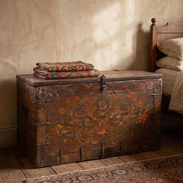 Tibetan Hand Painted Storage Trunk - Multi-Color - Wood
