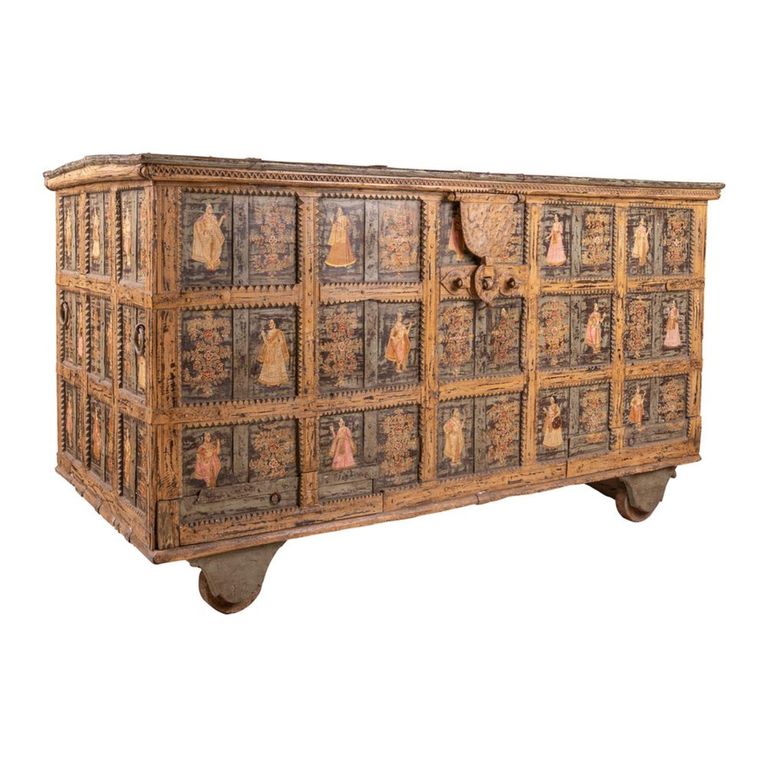 Carved Storage Trunk -  Multi-Color - Wooden