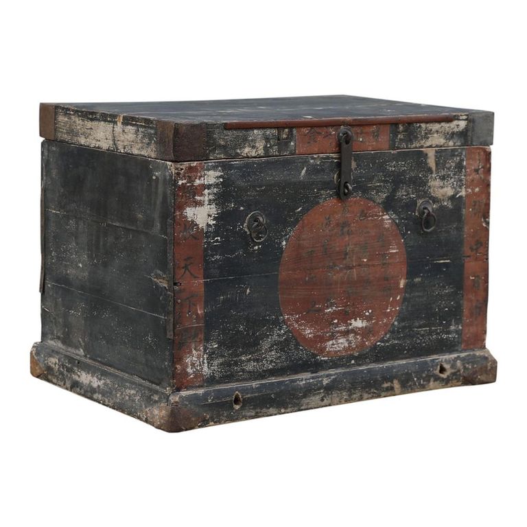 Distressed Hand Painted Storage Trunk - Weathered Black - Wooden