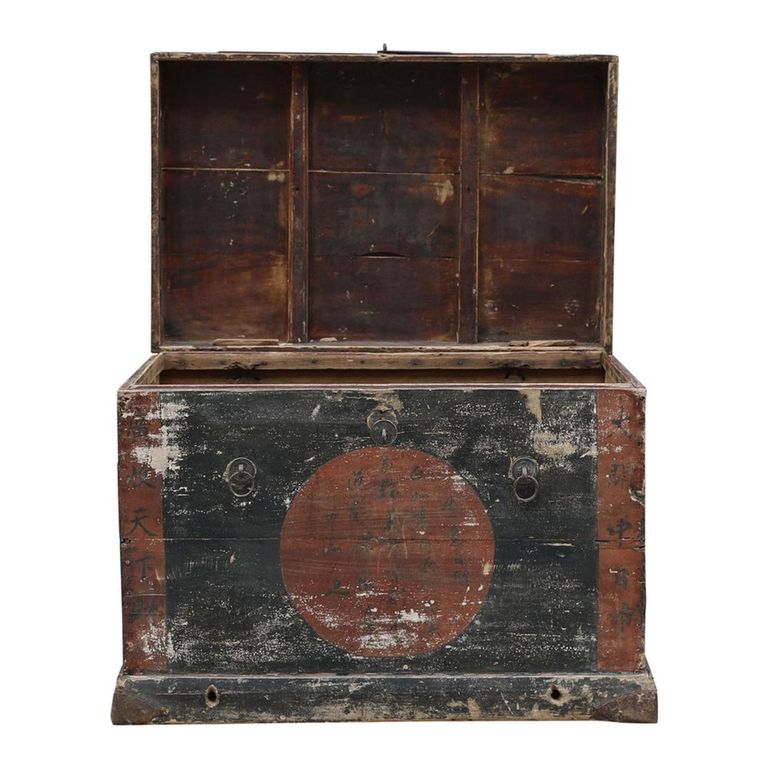 Distressed Hand Painted Storage Trunk - Weathered Black - Wooden