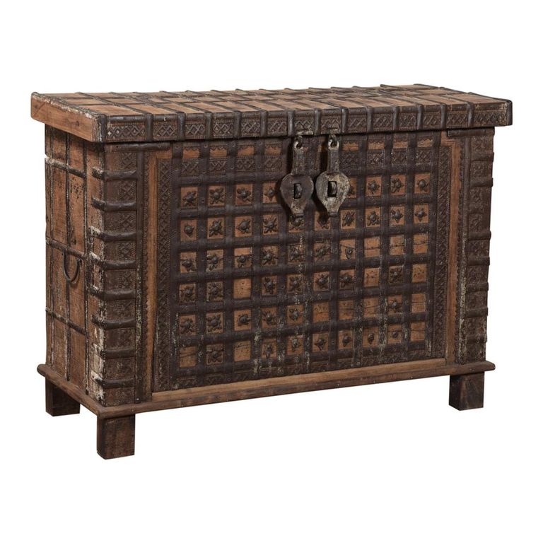 Distressed Storage Trunk - Carved - Rustic Brown - Metal and Wood