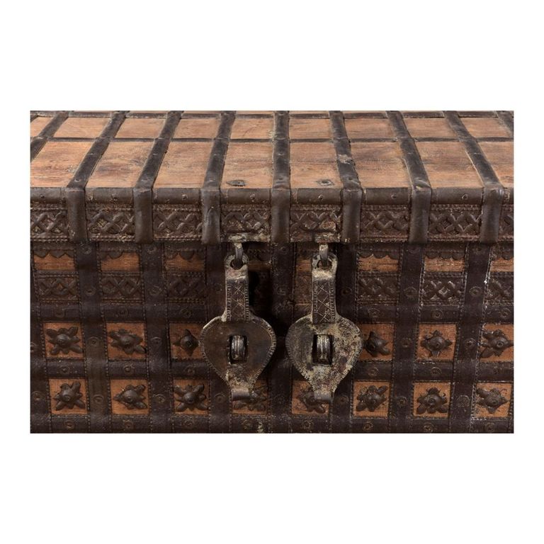 Distressed Storage Trunk - Carved - Rustic Brown - Metal and Wood