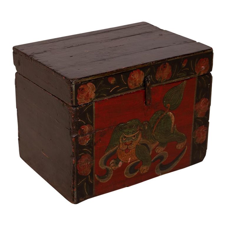 Hand Painted Storage Trunk - Folk Art Design - Red - Wooden