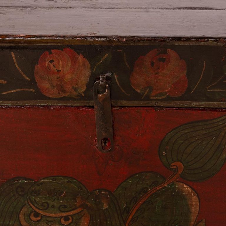Hand Painted Storage Trunk - Folk Art Design - Red - Wooden