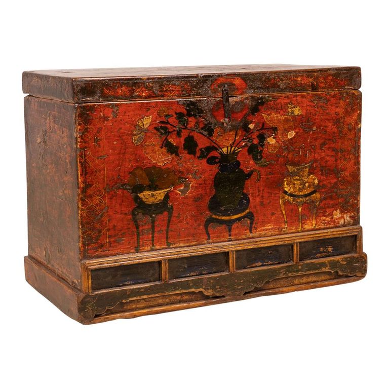 Hand Painted Storage Trunk - Rich Red - Wooden