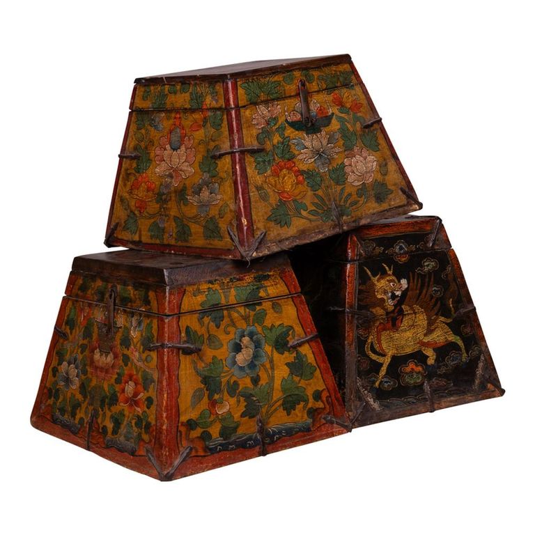 Tibetan Hand Painted Storage Trunk - Set of 3 - Multi-Color - Pine Wood